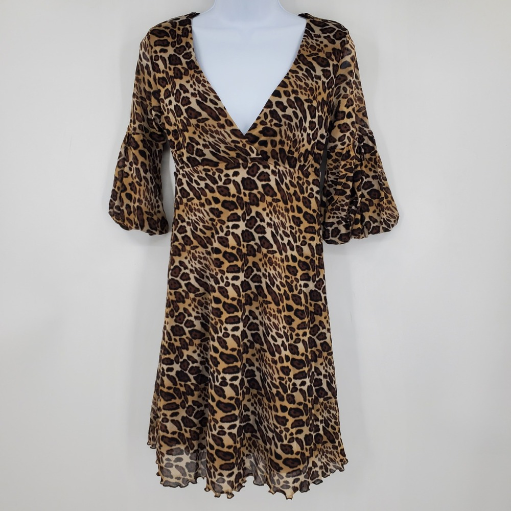 Leopard Print Dress XS V-Neck Bell Sleeve Mob Wife Babydoll Fairy Grunge y2k 90s